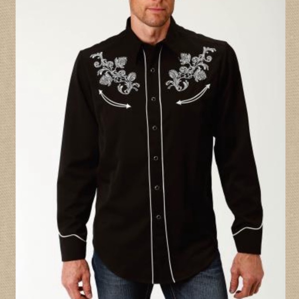 ROPER DENVER COLORADO Black Western Peral Snap Shirt Embroidered Details Size S